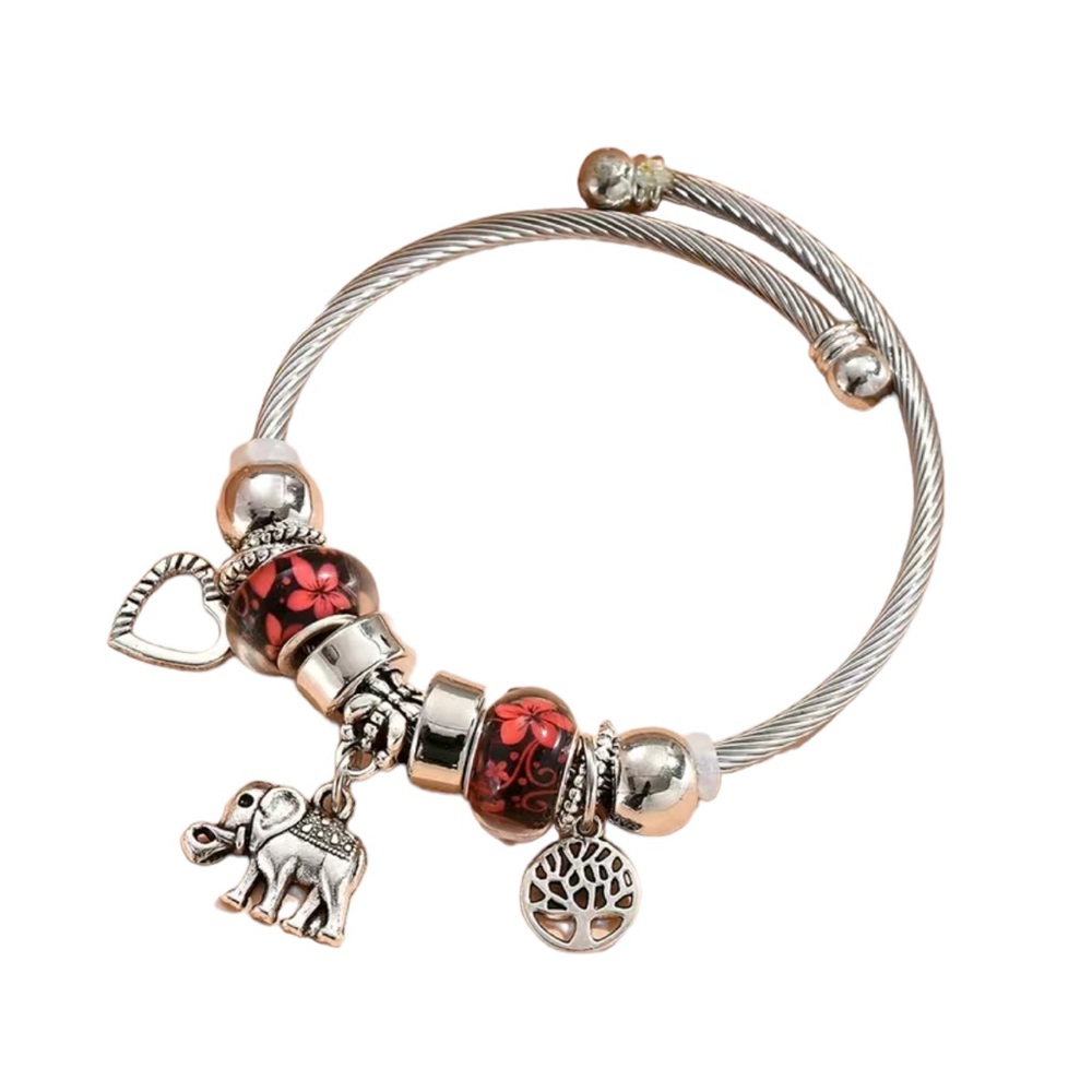 Boho Silver and Red Bangle Charm Bracelet